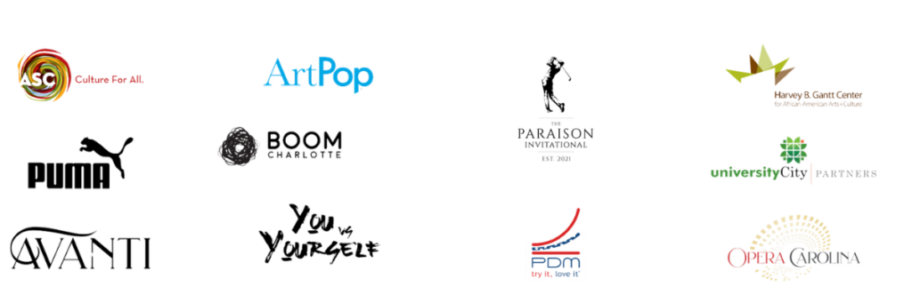 client logos including ASC, ArtPop, Pairson Invitational, Harvey B. Gantt Center, Puma, Boom Charlote, You vs Yourself, AVANTI, PDM, Opera Carolina, University City